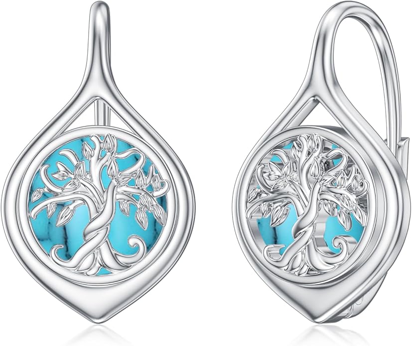 WINNICACA Leverback Earrings for Women 925 Sterling Silver Tree of Life Earrings Dangle Drop Turquoise Moonstone Moss Agate Heart Jewelry Gifts for Women Her Wife Anniversary Birthday Gifts