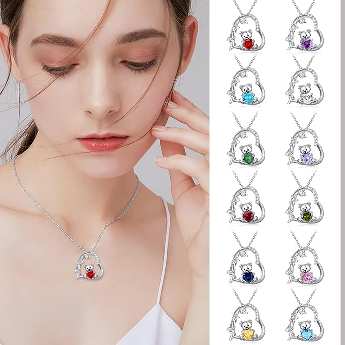 PELOVNY Teddy Bear Necklace for Women 925 Sterling Silver Bear/Highland Cow/Fox/Cat/Axolotl Birthstone Necklace Christmas Birthday Jewelry Gifts for Mom Daughter Wife Sister