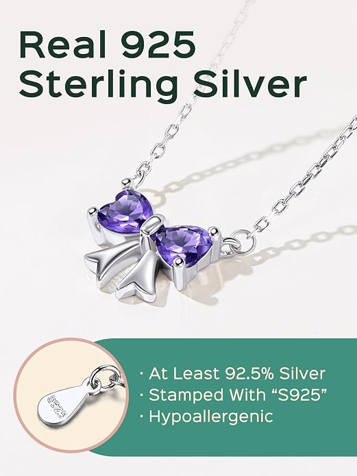 ChicSilver Bow and Cat Birthstone Necklace, 925 Sterling Silver Pendant Necklaces for Women, Hypoallergenic Silver Choker with 16 inch Rolo Chain, 12 Months Jewelry for Valentines Mothers Day Christmas