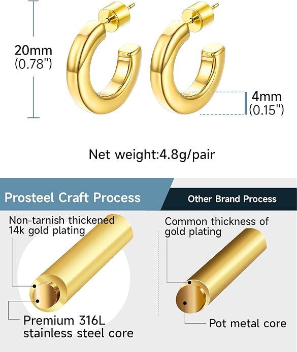 Stainless Steel Chunky Hoop Earrings For Women, Minimalist and Chic, Black/Gold Plated, Round Hoops Earrings Hypoallergenic, Size: 30mm/40mm/60mm/80mm, Come with Box