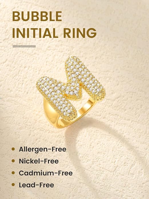 KeyStyle Bold Initial Letter Rings Adjustable, GoldChic Jewelry Women Gold Statement Ring Personalized Engraved Women’s Open Signet Ring for Party (Gold, White Gold, Black)