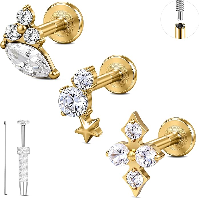 G23 Titanium 18K Gold Filled 16G Cartilage Earring 3PCS | Flat Back, 6mm 8mm, Conch Helix Tragus Lobe, Stud Labret Piercing Jewelry, For Women