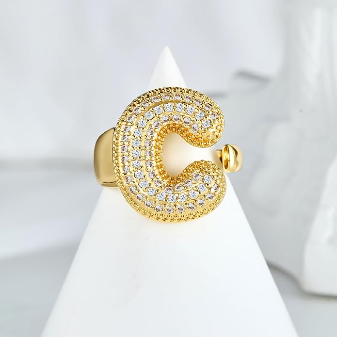 Cicy Bell Initial Rings for Women 14k Gold Plated Cubic Zirconia Delicate Letter Chunky Statement Open Rings Gifts for Her