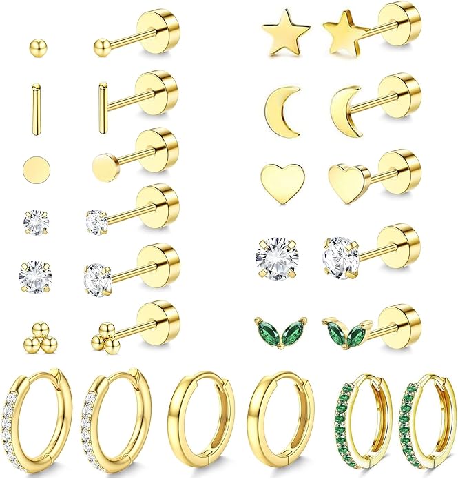 Stainless Steel Stud Earrings Set for Women Hypoallergenic Flat Back Cartilage Earrings Screw Back Huggie Hoop Earrings Multiple Piercing Cubic Zirconia Helix Tragus Jewelry