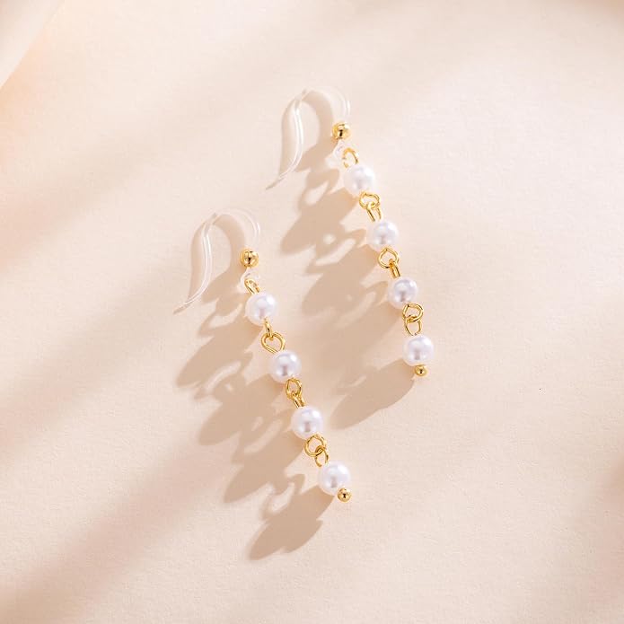 Plastic Earrings, KMEOSCH Lightweight and Elegant Dangle 4 Small Pearls Earrings on Hypoallergenic Plastic Hooks for Sensitive Ears