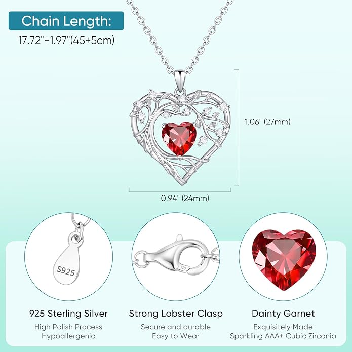 Tree of Life Birthstone Pendant Necklace - 925 Sterling Silver Heart Cubic Zirconia Diamond Women Pendant Necklaces for Her Daughter Girlfriend Birthday Gift Ideas for Wife Mom for Valentines Day