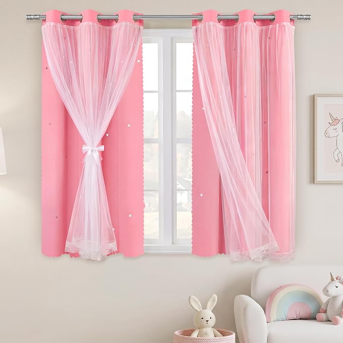 XiDi Pink Curtains for Girls Bedroom Decor Kid Blackout Curtains Nursery | Double Layer Drapes with Sheer Overlay, for Kids Room Cutout Star Room Darkening Grommet Window Treatment 2 Panels W34 X L63