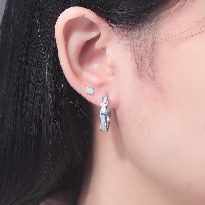 CiNily Sterling Silver/Rose Gold/Yellow Gold Plated Hoop Earrings 20mm,Multicolor Opal Small Hoop Earrings for Women Girls Hypoallergenic Jewelry for Sensitive Ears Gemstone Earrings