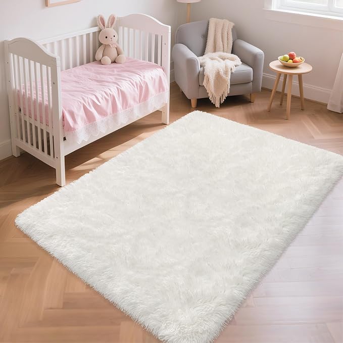 Soft Fluffy White Rug for Bedroom Living Room, 4x6 Furry Cream Area Rug Soft Fuzzy Shag Carpet for Boys Girls Room Dorm Dresser Bedside, Plush Thick Throw Kids Shaggy Rug Non-Slip for Nursery