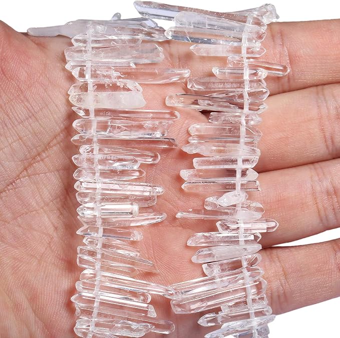 TUMBEELLUWA Rock Quartz Crystal Points Loose Beads for Jewelry Making, Titanium Coated Polished/Raw Quartz Beads 15 Inches Top Drilled,Clear Crystal Points(0.45"-1.35")
