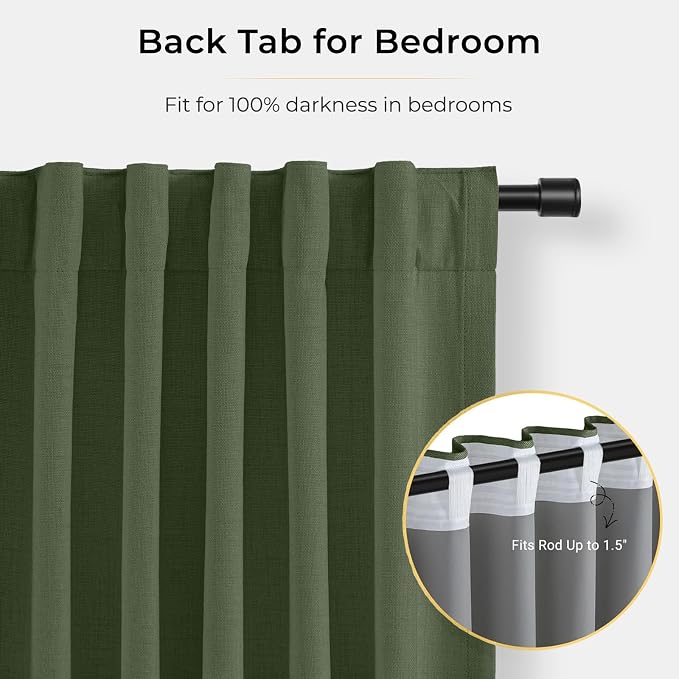 INOVADAY 100% Blackout Curtains for Bedroom, Olive Green Black Out Curtains 102 Inch Long, Clip Rings Linen Blackout Drapes, Thermal Insulated Room Darkening for Living Room, 2 Panels - W50xL102