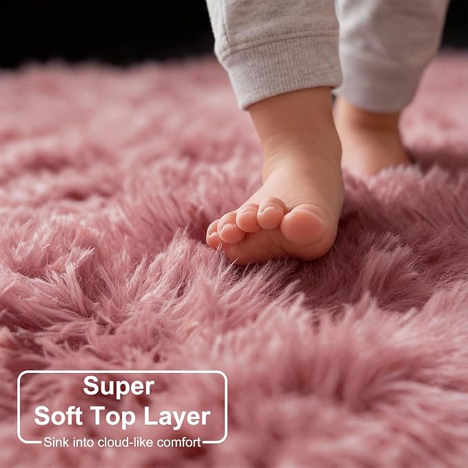 Blush Pink Big Round Rug 8Ft for Kids Bedroom, Large Fluffy Fuzzy Furry Circle Area Rugs for Girls Room Decor Aesthetic, Shaggy Circular Carpet for Baby Nursery Playroom, Cute Dusty Rose Mauve Rug