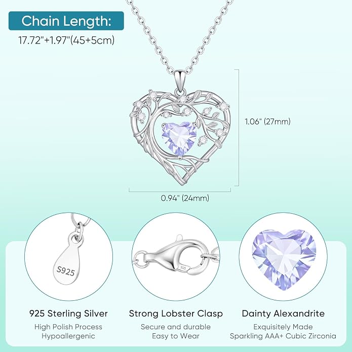Tree of Life Birthstone Pendant Necklace - 925 Sterling Silver Heart Cubic Zirconia Diamond Women Pendant Necklaces for Her Daughter Girlfriend Birthday Gift Ideas for Wife Mom for Valentines Day