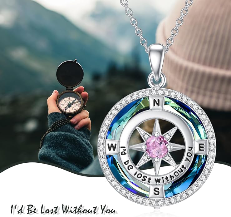 TOUPOP Necklace Gifts for Wife Compass Jewelry Women Anniversary Girlfriend Birthday Gift for Her Valentines I'd be Lost without You Sterling Silver Birthstone Necklaces