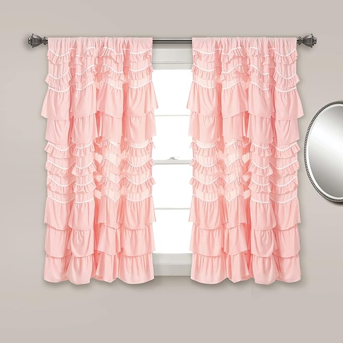 Lush Decor Kemmy Light Filtering Window Curtain Panel Single 52" W x 63" L Peachy Pink - Drapes - Ruffled Curtains for Bedroom - Pink Curtains - Coquette Decor