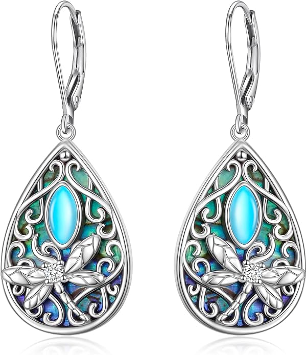Dragonfly Filigree Earrings 925 Sterling Silver Created Abalone Shell Moonstone Teardrop Dangle Jewelry Birthday Mother’s Day Gifts for Women