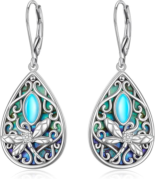 Dragonfly Filigree Earrings 925 Sterling Silver Created Abalone Shell Moonstone Teardrop Dangle Jewelry Birthday Mother’s Day Gifts for Women