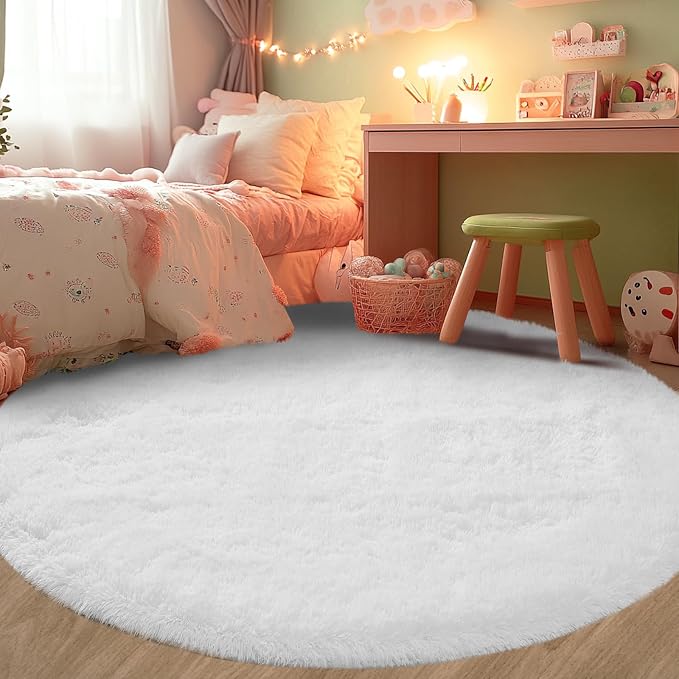 CAIYUECS White Round Rug for Bedroom: 6x6 Feet Soft and Fluffy Area Rug for Living Room- Circle Furry Plush Rug for Kids Room, Dorm- Fuzzy Rugs for Living Room, Home Decor (6ft, White)