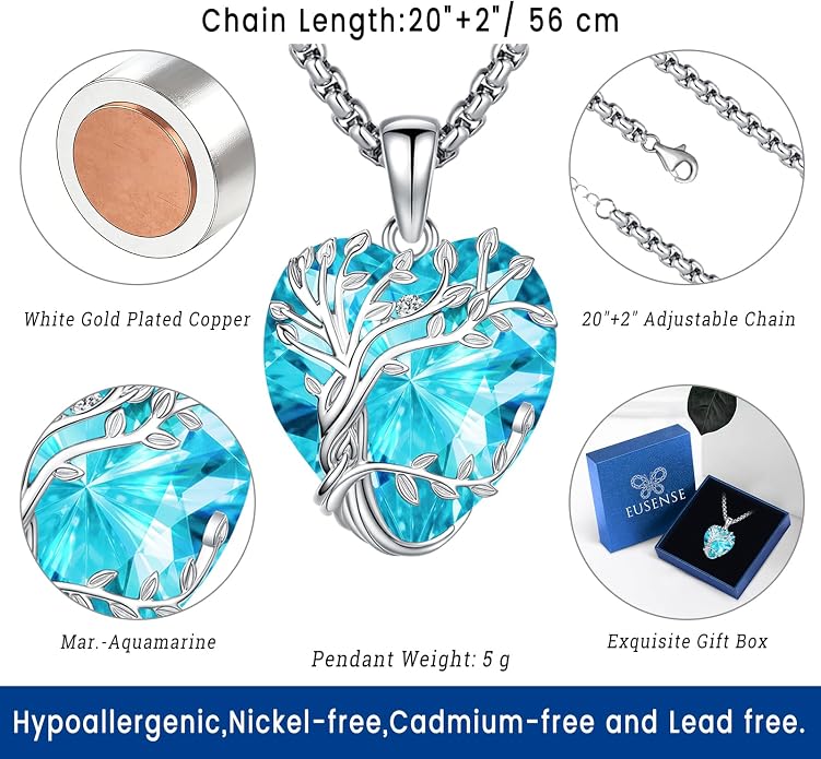 Eusense Tree of Life Necklace for Women White Gold Plated Copper Moonstone/Turquoise/Black Onyx/Crystal Birthstone Pendant Jewelry Gifts for Women Men