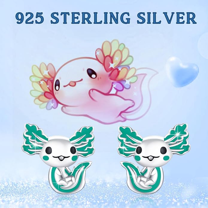 925 Sterling Silver Axolotl Earrings White Gold/Rose Gold Axolotl Jewelry for Women Girls Pink/Blue Axolotl Gifts