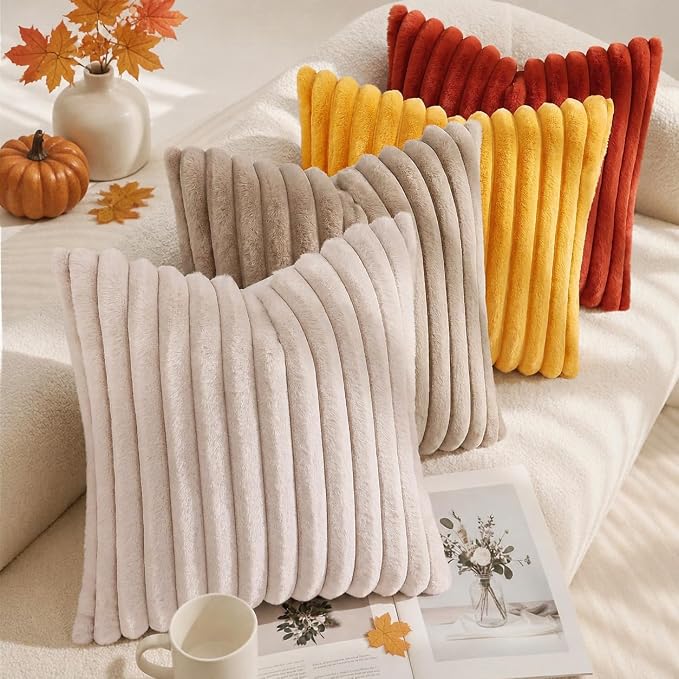 decorUhome Fall Faux Fur Throw Pillow Covers 24x24 Set of 2 Rust | Decorative Soft Cozy Striped Plush Modern Farmhouse Boho Couch Pillow Cases Velvet Back for Sofa Bed Living Room Home Decor