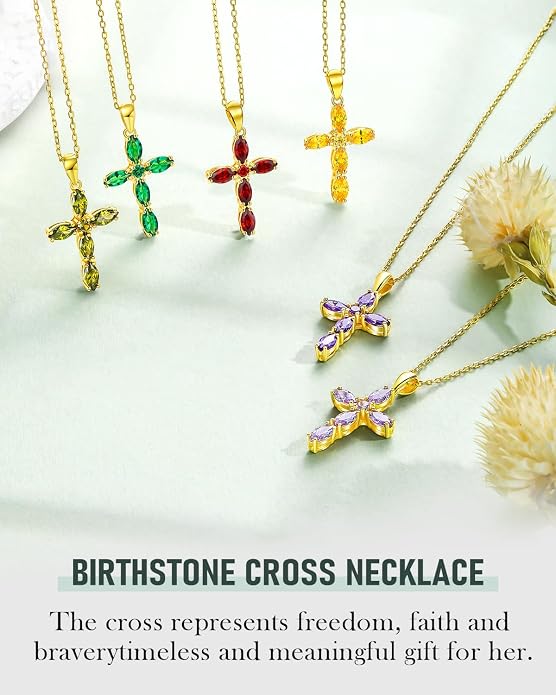 14K Gold Plated 925 Sterling Silver Birthstone Cross Necklace for Women Men