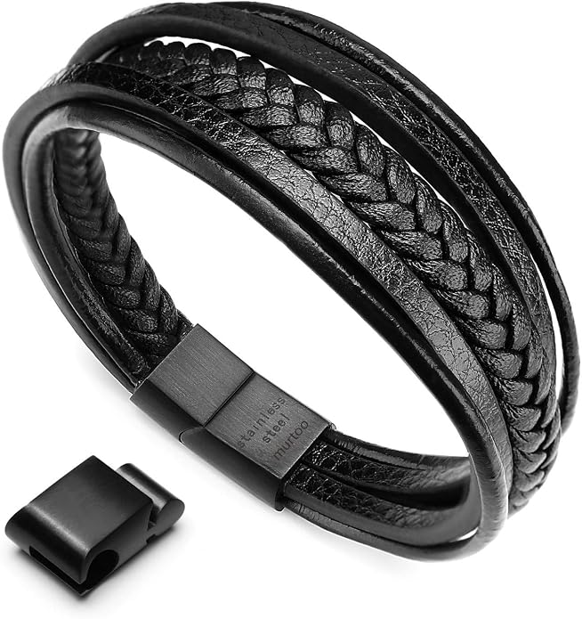 murtoo Mens Leather Bracelet with Clasp Cowhide Multi-Layer Braided Leather Mens Bracelet