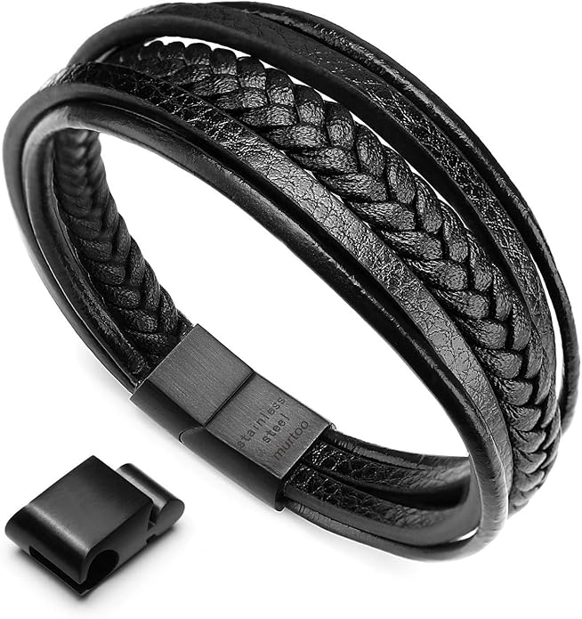 murtoo Mens Leather Bracelet with Clasp Cowhide Multi-Layer Braided Leather Mens Bracelet
