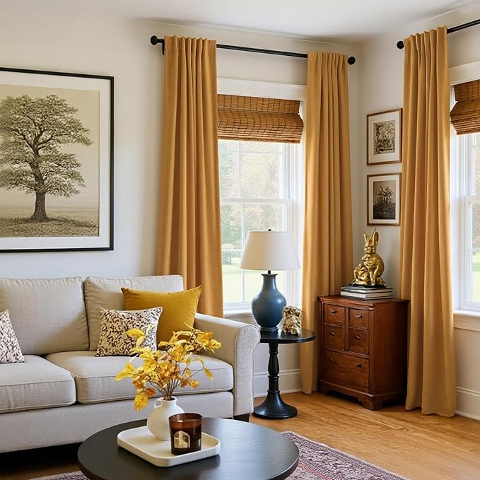 INOVADAY 100% Blackout Curtains 108 Inches Length 2 Panels Set, Back Tab/Rod Pocket Linen Black Out Curtains for Bedroom, Thermal Insulated Window Drapes - Dijon Mustard, W50 X L108