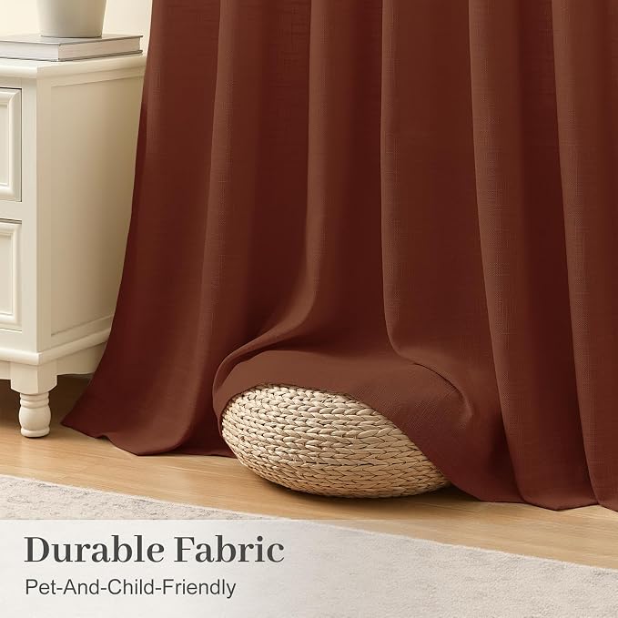 Pinch Pleated Linen Curtains 84 Inch Length 2 Panels Set, Light Filtering Linen Textured Sheer Drapes Memory Trained Pleated Curtain Back Tab for Bedroom Farmhouse with Hooks Rings, Chestnut Brown