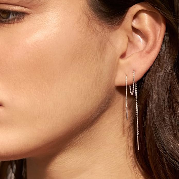 2 Pairs S925 Sterling Silver Chain Threader Earrings For Women Bar Wrap Threader Dangle Drop Earrings Lightweight Minimalist Hypoallergenic Earrings Anniversary Jewelry