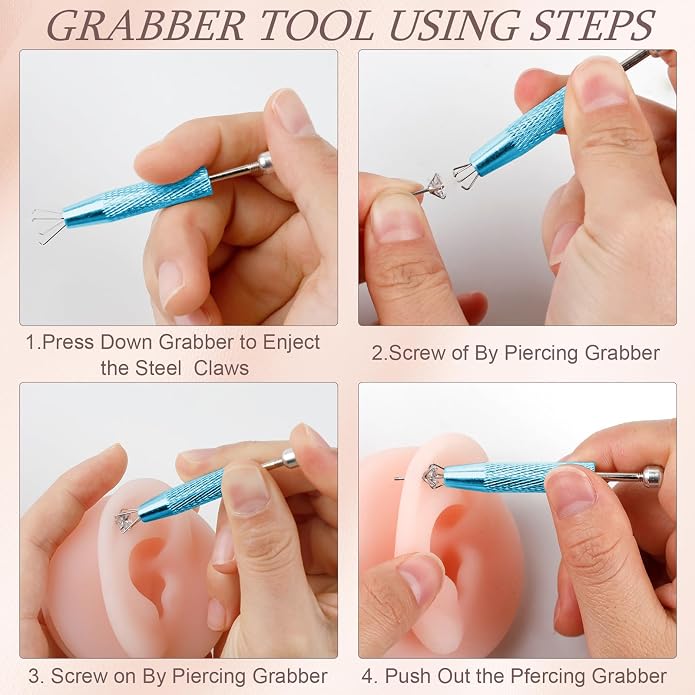 ONESING 2Pcs Piercing Ball Grabber Tool for Changing Jewelry, Stianless Steel Flat Back Earring Applicator Internally Threaded Push Pin Piercing Grabber Tool, Anti Slip 4 Claw Gem Ball Grabber Tool