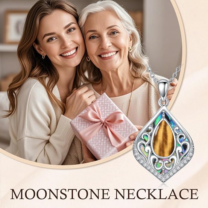HPQQ Filigree Gemstone Necklace 925 Sterling Silver Teardrop Bohemian Necklace Abalone Shell Jewelry Birthday Gifts for Women