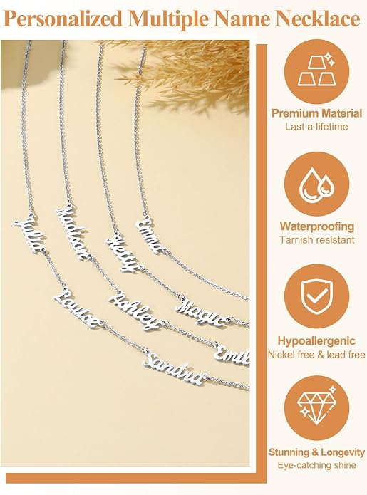 Custom4U Custom Name Necklace for Women, Personalized 1-5 Name Necklace, Sterling Silver/Stainless Steel 14K Gold Plated Nameplate Necklaces, Gift for Mom Wife Anniversary Birthday with Box
