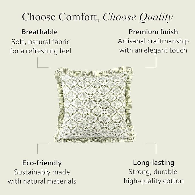 CPC Fern Regal Hand Block Print 100% Cotton Ruffle Throw Pillow Cover 24x24 inch with Hidden Zipper Decorative for Couch, Bed, Sofa, Farmhouse, Cottagecore Decor Gift Christmas Fall Thanksgiving