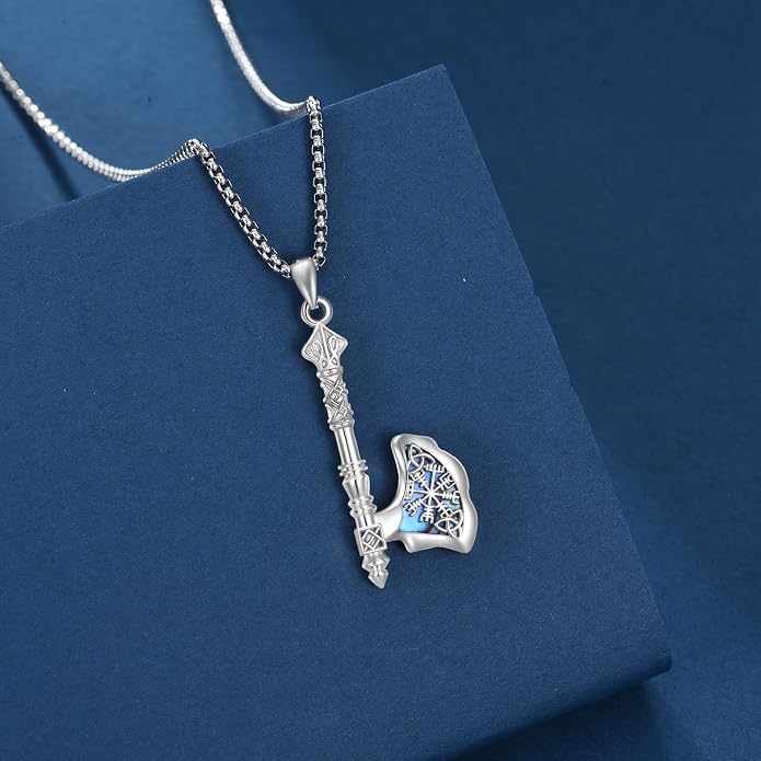 MONGAS Viking Axe Necklace for Men Sterling Silver Axe Pendant Rune Necklace Viking Jewelry Nordic Mythology Gifts for Men