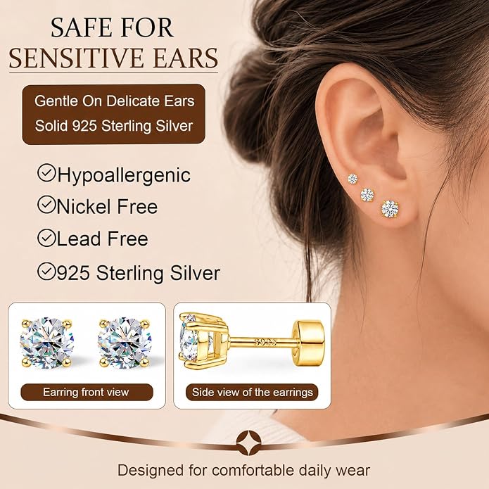 3 Pairs Moissanite Earrings, Flat Back Stud Earrings for Women Men, D Color VVS1 Hypoallergenic 925 Sterling Silver Post, Cartilage Helix Piercing Jewelry Set