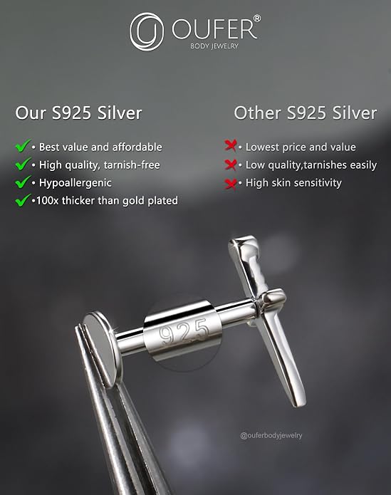 OUFER 925 Sterling Silver Helix Piercing Jewelry, Sword Cartilage Earrings Studs, 16G Flat Back Earrings for Women, Internally Threaded for Helix Conch Tragus Lip Piercing Jewelry