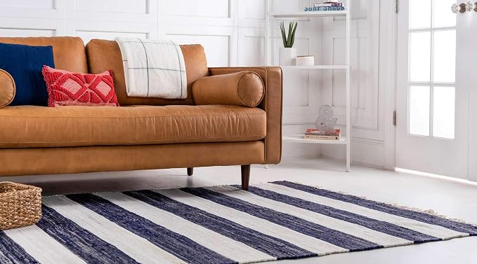Unique Loom Chindi Rag Collection Area Rug - Striped (5' 1" x 8' Rectangle, Navy Blue/ Ivory)