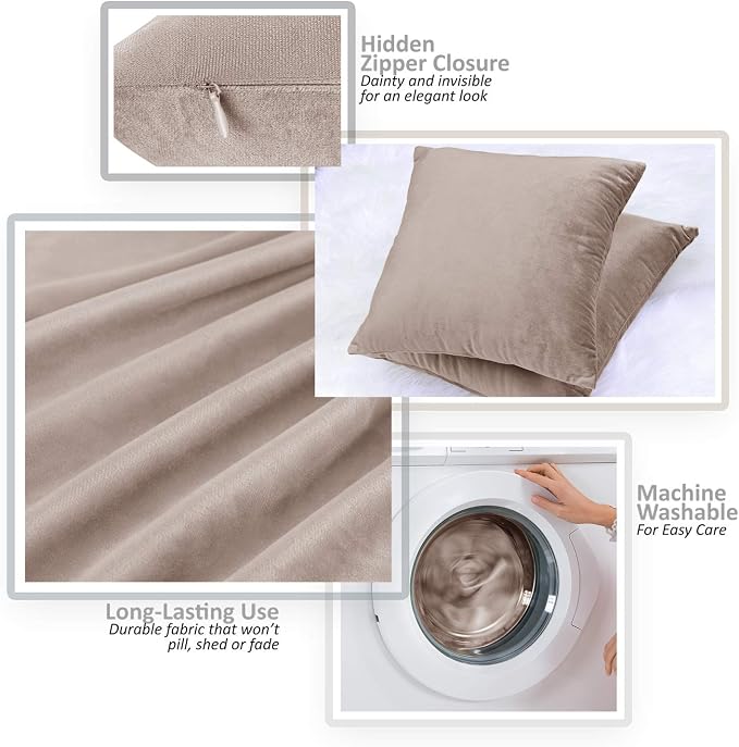 Nestl Throw Pillow Covers, Cozy Velvet Decorative Outdoor Pillow Covers 16 x 16 Inches, Soft Solid Cushion Covers for Sofa, Bed and Car, Set of 4 - Taupe Sand