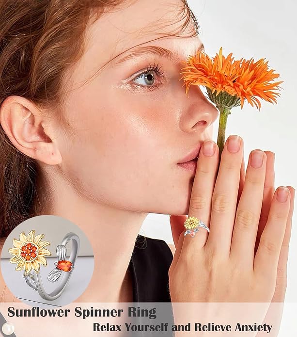 KOHOTA Fidget Rings for Women Spinner Ring for Anxiety Adjustable CZ Sunflower Butterfly Rose Star Moon Stress Relief Open Rings Set…