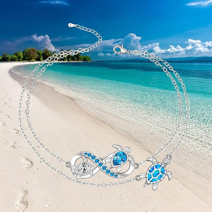 Fenthring Turtle Anklet S925 Sterling Silver Blue Opal Sea Turtle Ankle Bracelets for Women Infinity Wave Ocean Beach Summer Foot Bracelet Jewelry Layered Adjustable