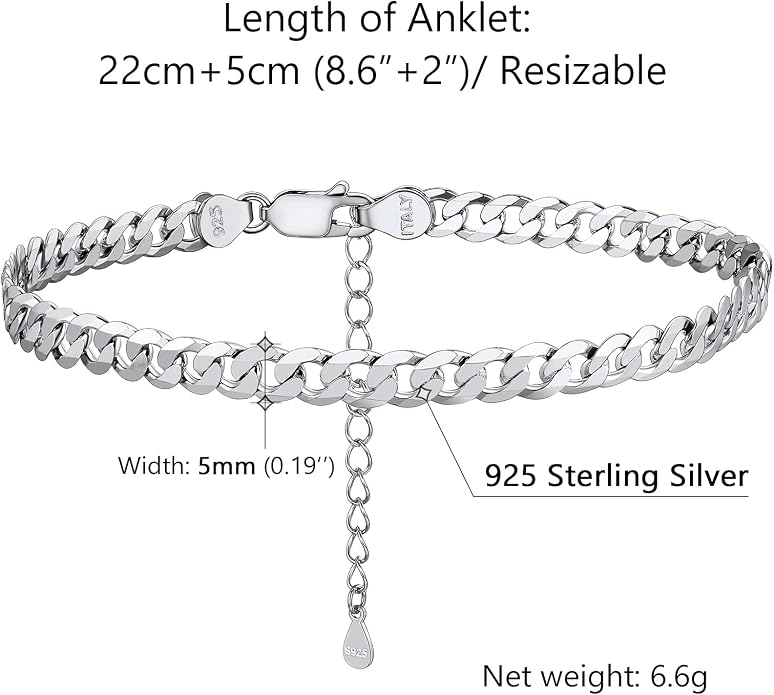 PROSILVER 925 Sterling Silver Ankle Bracelets For Women, Stylish Chain Anklets, Summer Beach Jewelry, 8.6-10.6 Inch Adjustable, Come with Box