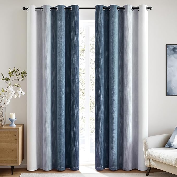 MIULEE Navy Blue and Greyish White Ombre Blackout Curtains, Full Room Darkening Thermal Insulated 84 Inches Long Drapes for Bedroom/Living Room Grommet Window Treatments Modern 52Wx84L, Set of 2