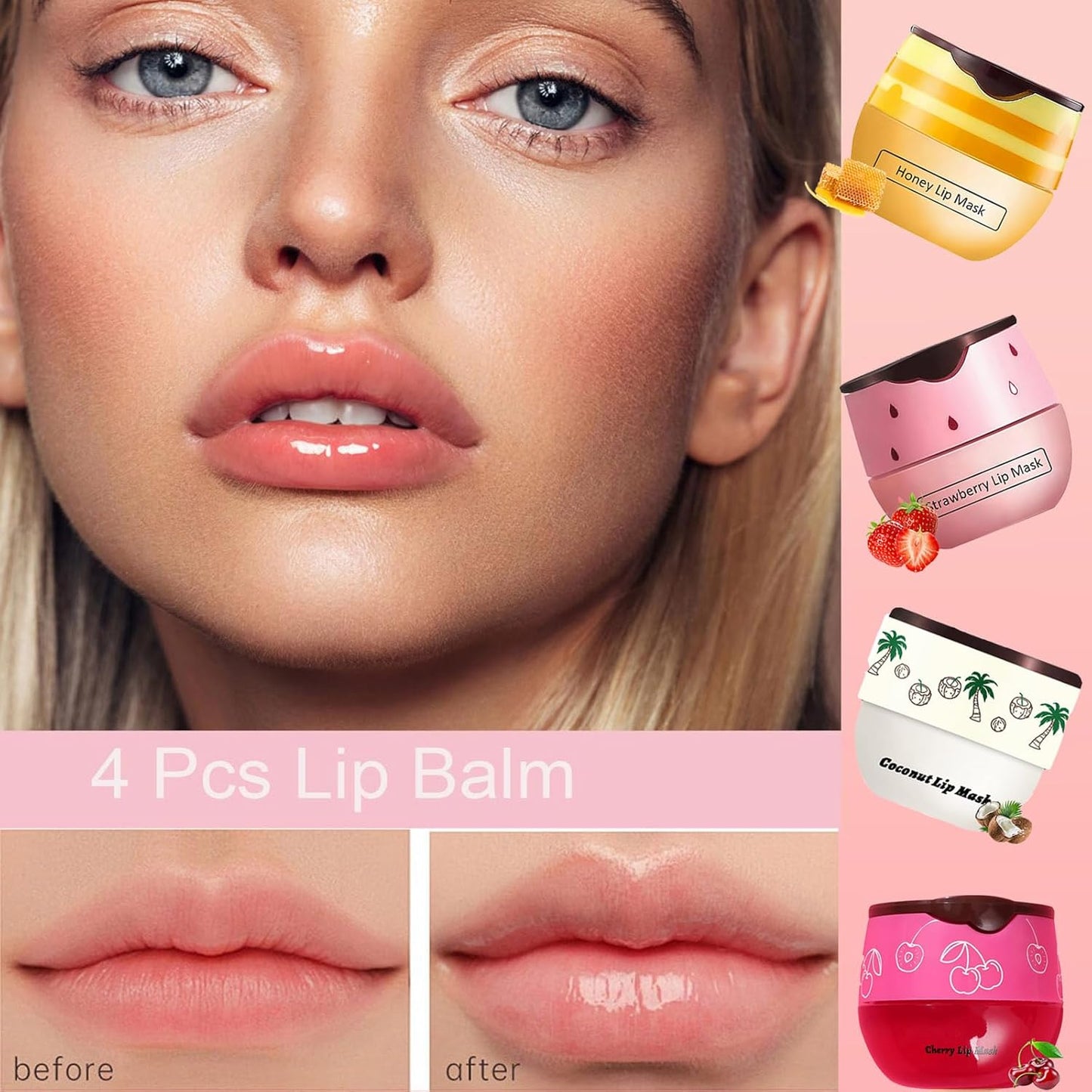 4 PCS Bee Lip Balm Honey Pot, Honey Strawberry Cherry Coconut Sleeping Lip Mask Overnight with Sticks, Exfoliating Prevention Dry and Crack Lip Scrubs
