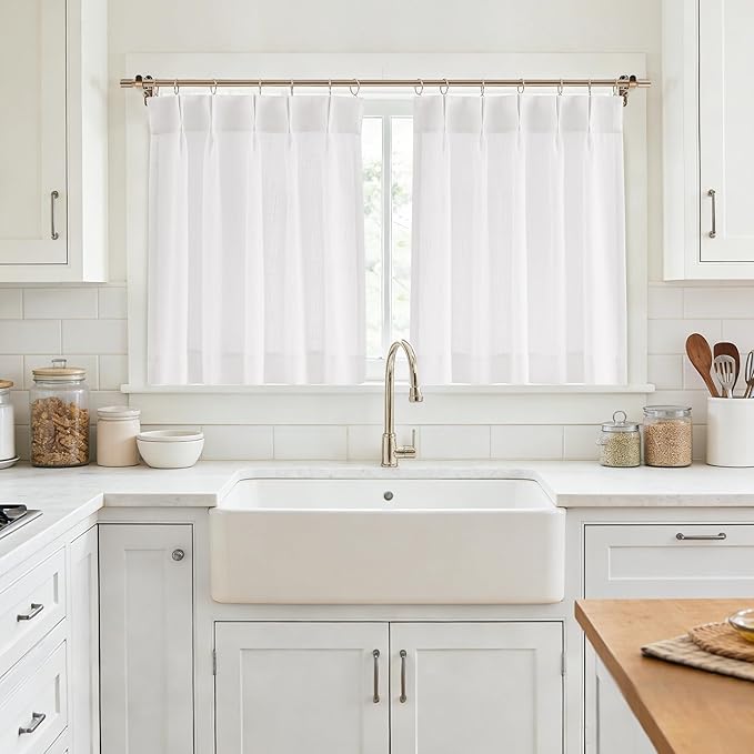 Vision Home White Pinch Pleated Tier Curtains 36 inch, Semi Sheer Kitchen Curtains with Back Tab & Hooks, Light Filtering Small Window Panels for Bathroom Laundry, 25" Wx36 Lx2