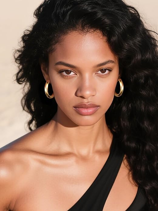 Stainless Steel Chunky Hoop Earrings For Women, Minimalist and Chic, Black/Gold Plated, Round Hoops Earrings Hypoallergenic, Size: 30mm/40mm/60mm/80mm, Come with Box