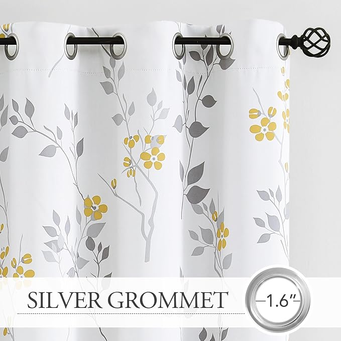 Beauoop Floral 100% Blackout Curtains Bedroom Yellow Grey 52X108 2 Panels | Flower Patterned Yellow White Room Darkening Drapes for Living Room Thermal Insulated Soundproof Window treatment Grommet