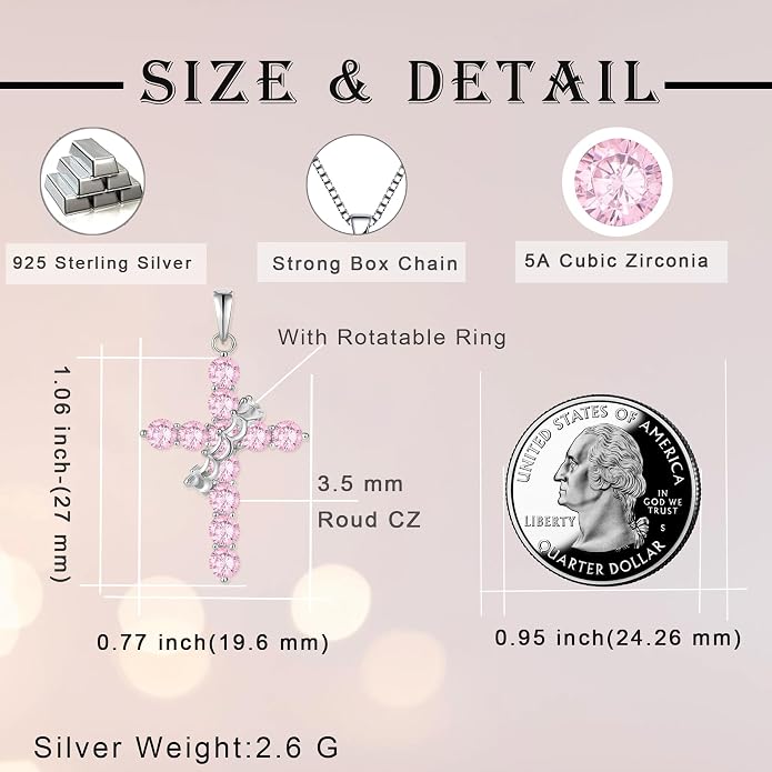 Rotated Crown Cross Necklaces for Women, 925 Sterling Silver Round Cut Zircon Neckalce Pendant With Ring Birthstones Jewelry for Her