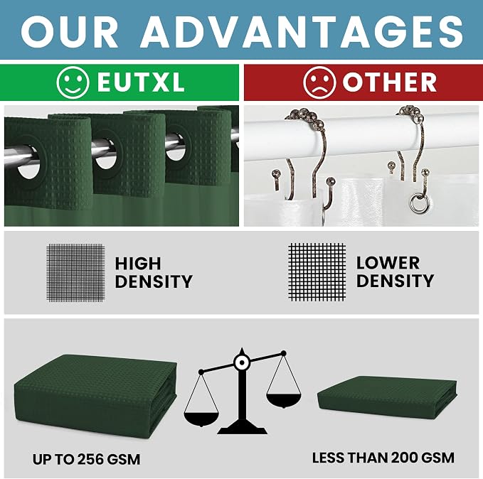 EUTXL 256GSM Heavyweight Shower Curtain and Liner Set - Waffle Weave Textured Heavy Duty,Hotel Luxury Weighted Bath Curtain,71W x 74H,Dark Green
